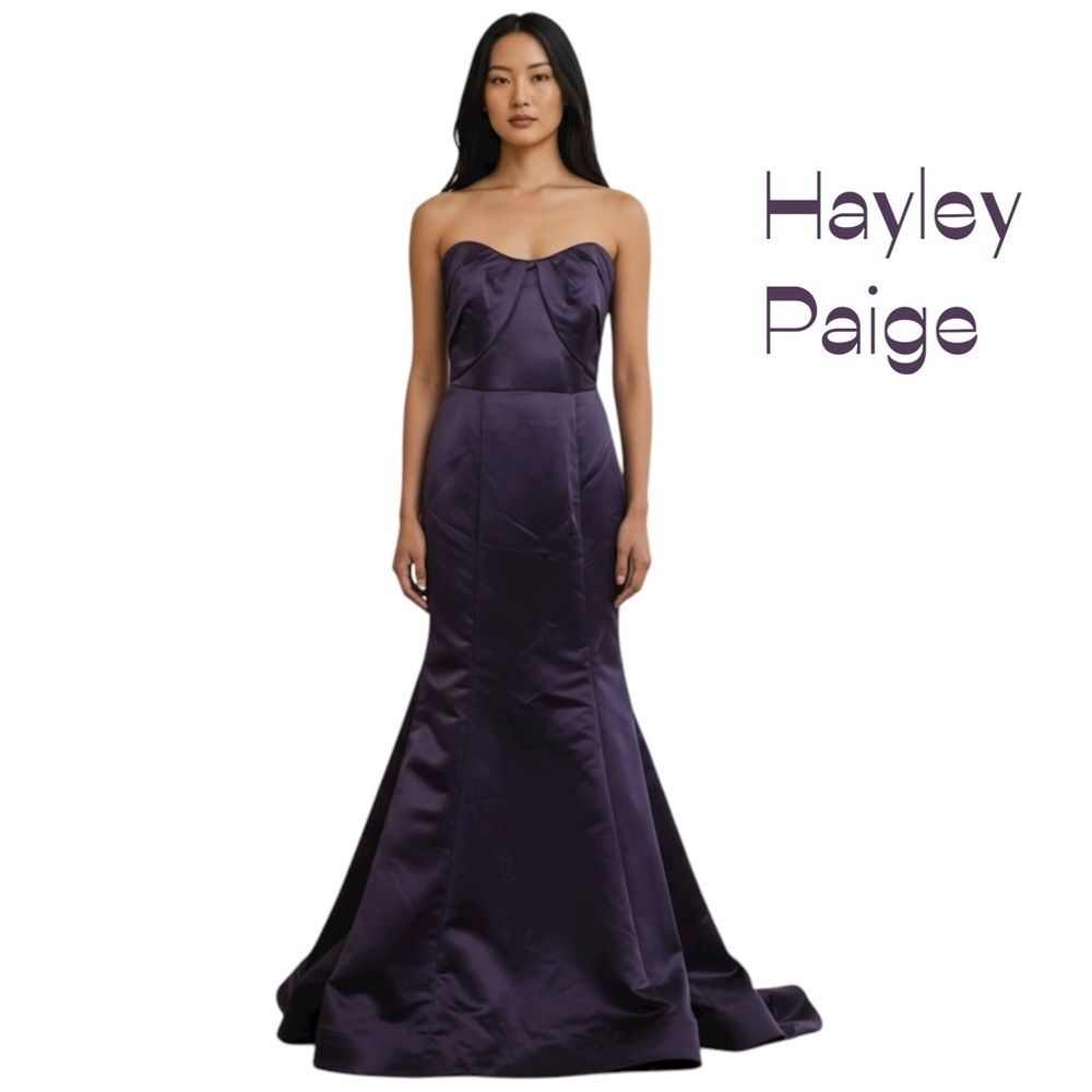Hayley Paige Strapless Purple Satin Evening Occasion Maxi Dress NWOT Size 8